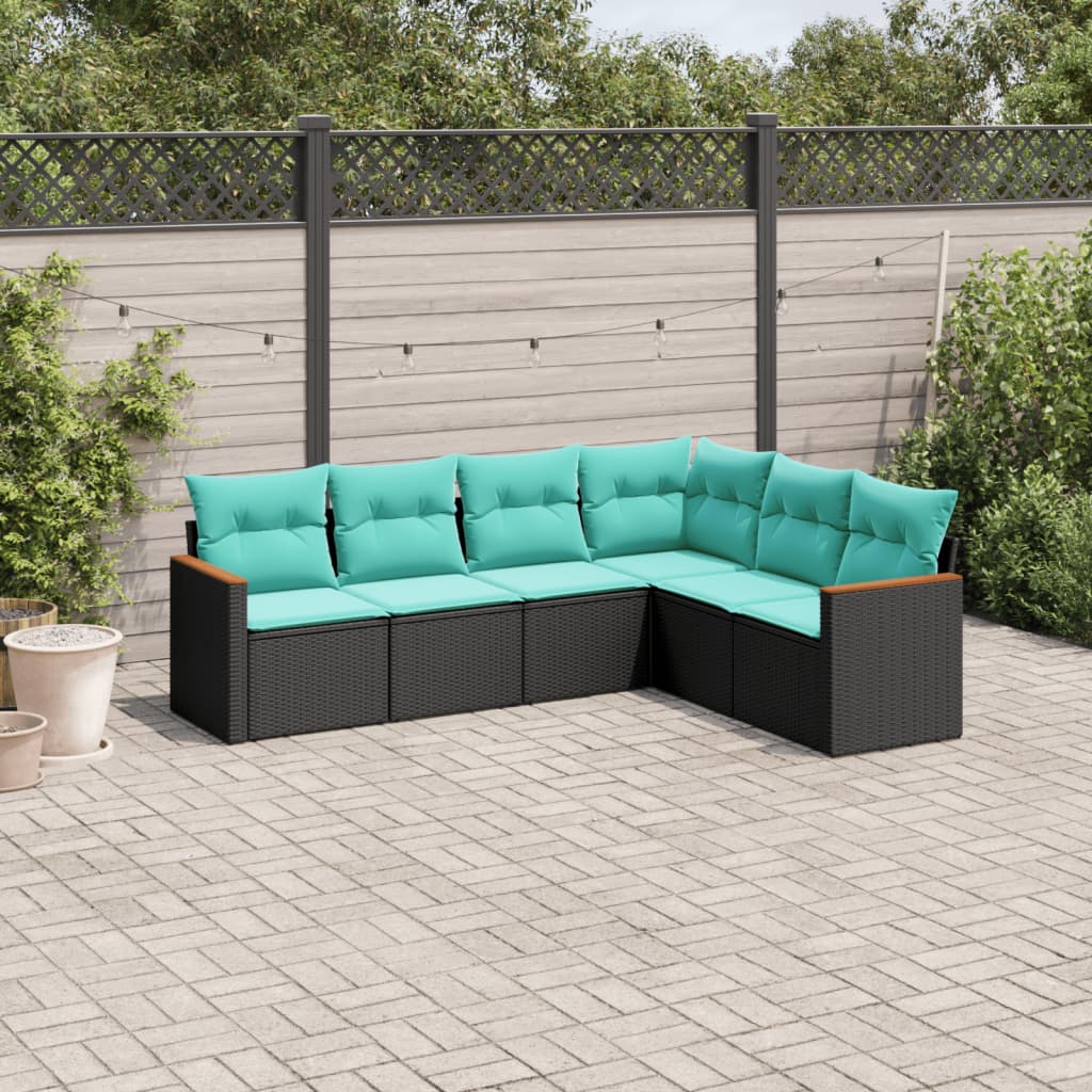 Conjunto de sofá de jardim com 6 peças e almofadas em rattan sintético preto