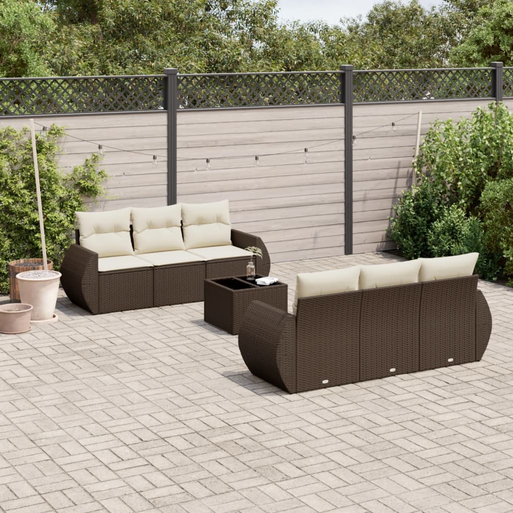 7 Pcs conjunto de sofás jardim c/ almofadões vime PE castanho