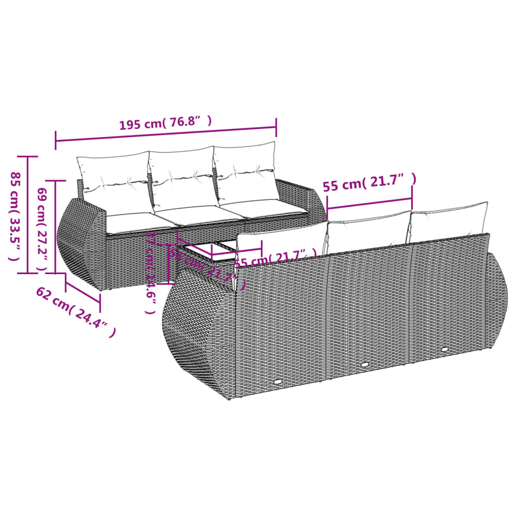7 Pcs conjunto de sofás jardim c/ almofadões vime PE castanho