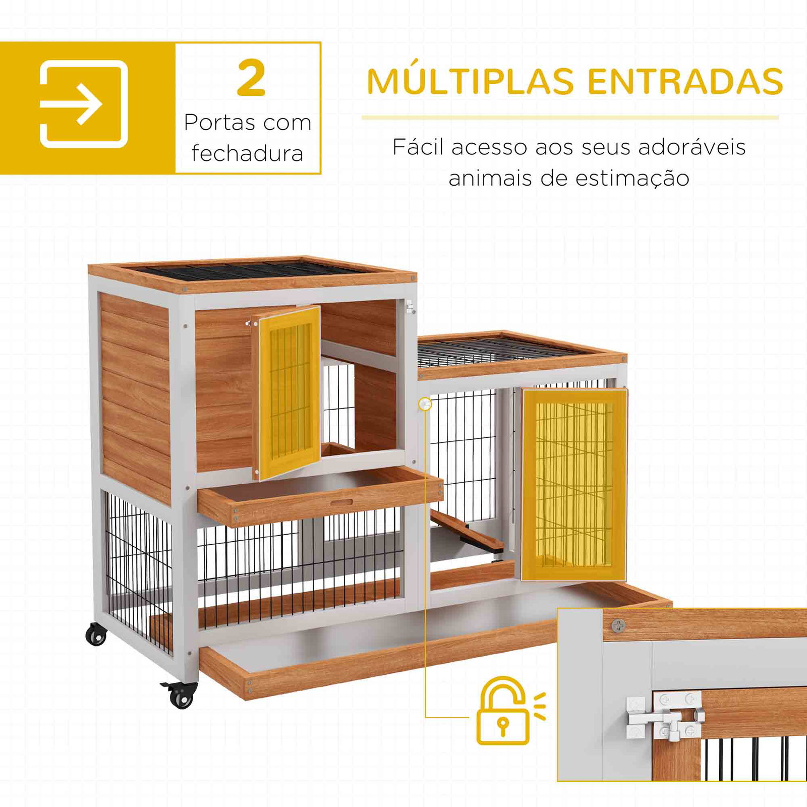 Coelheira de madeira interior com rodas de 2 pisos com zona aberta rampa e 2 bandejas removíveis 110x50x88 cm madeira