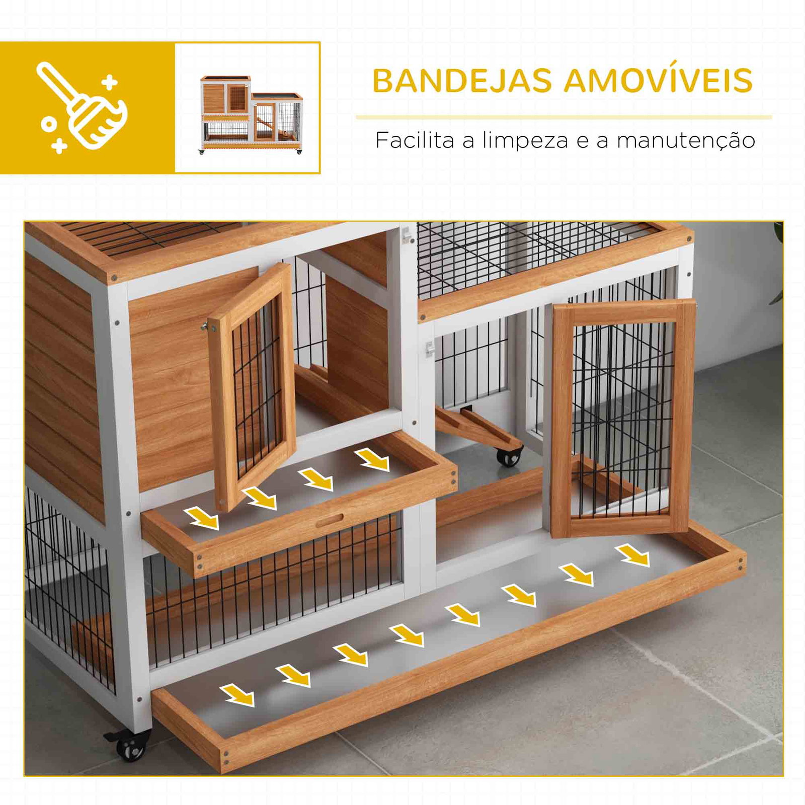 Coelheira de madeira interior com rodas de 2 pisos com zona aberta rampa e 2 bandejas removíveis 110x50x88 cm madeira