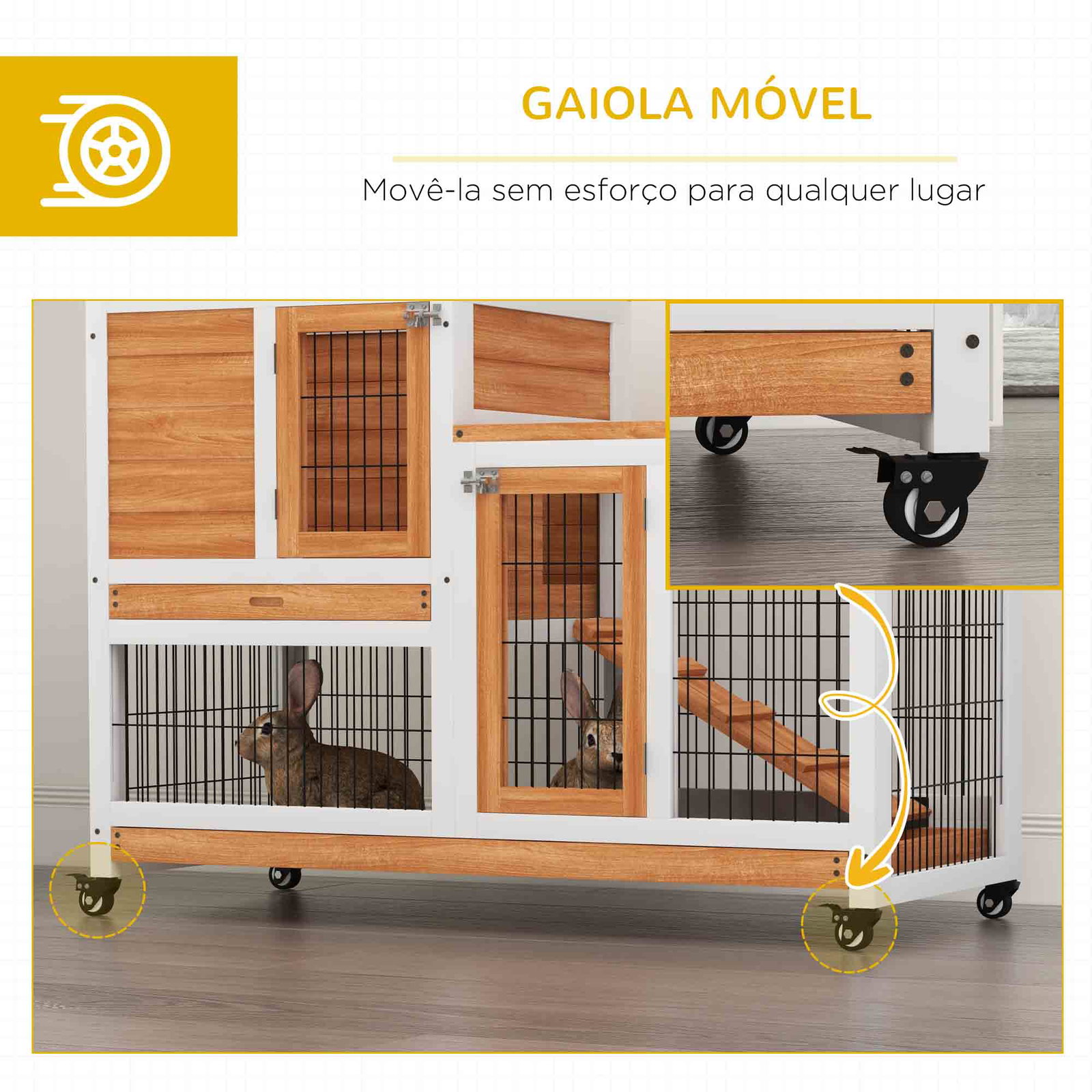 Coelheira de madeira interior com rodas de 2 pisos com zona aberta rampa e 2 bandejas removíveis 110x50x88 cm madeira