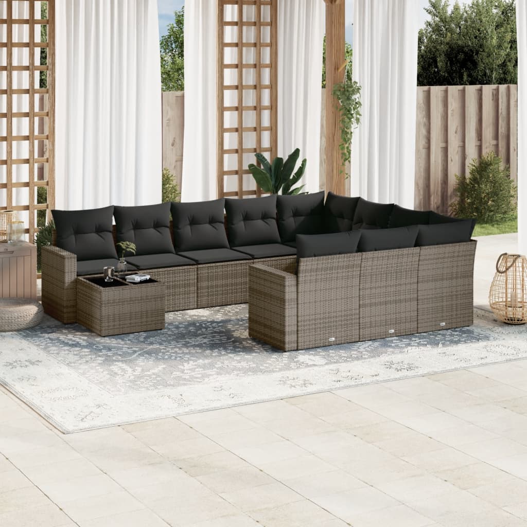 11 Pcs conjunto sofás de jardim c/ almofadões vime PE cinzento
