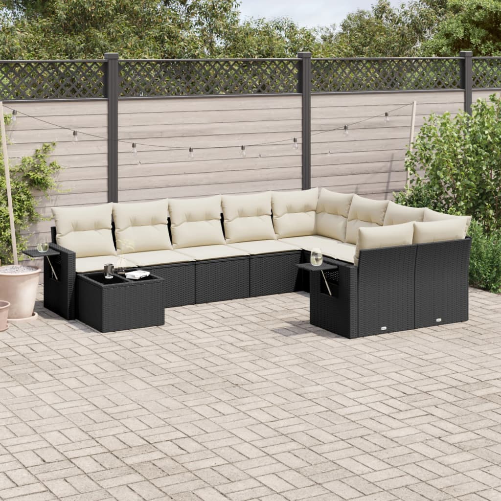 10 Pcs conjunto sofás de jardim c/ almofadões vime PE preto