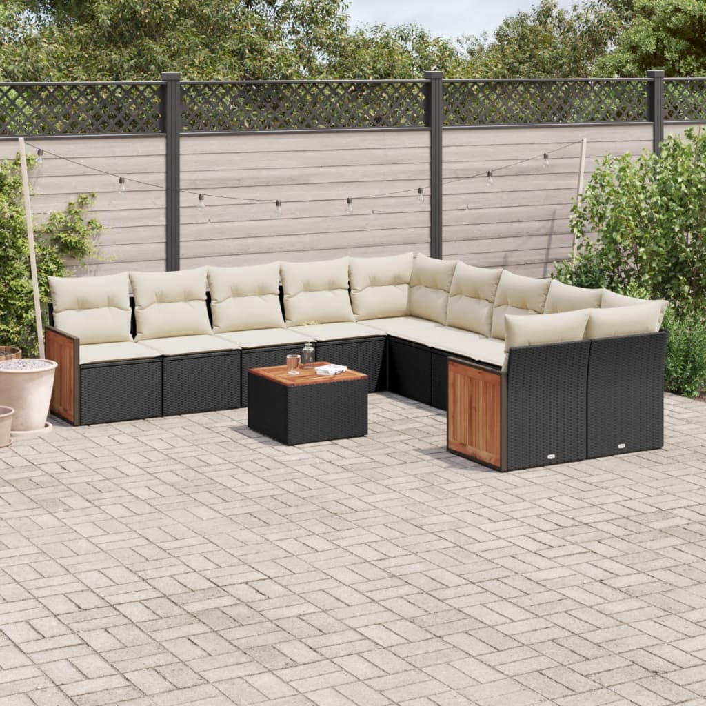 11 Pcs conjunto sofás de jardim c/ almofadões vime PE preto