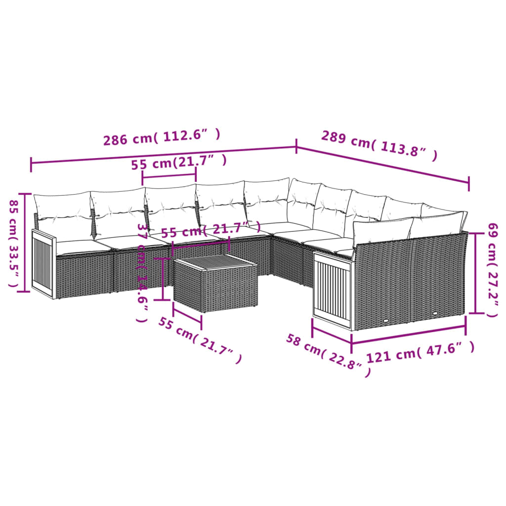 11 Pcs conjunto sofás de jardim c/ almofadões vime PE preto