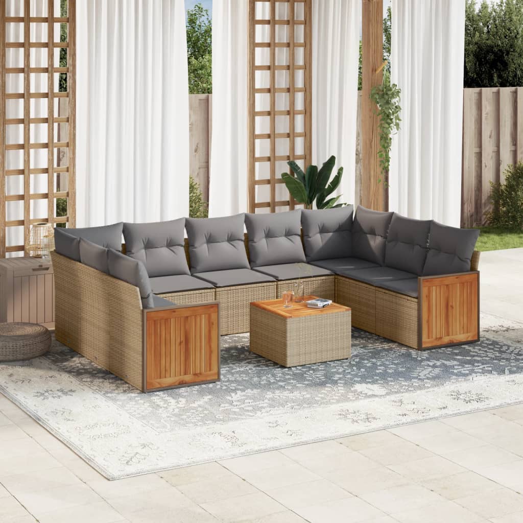 10 Pcs conjunto de sofás p/ jardim com almofadões vime PE bege