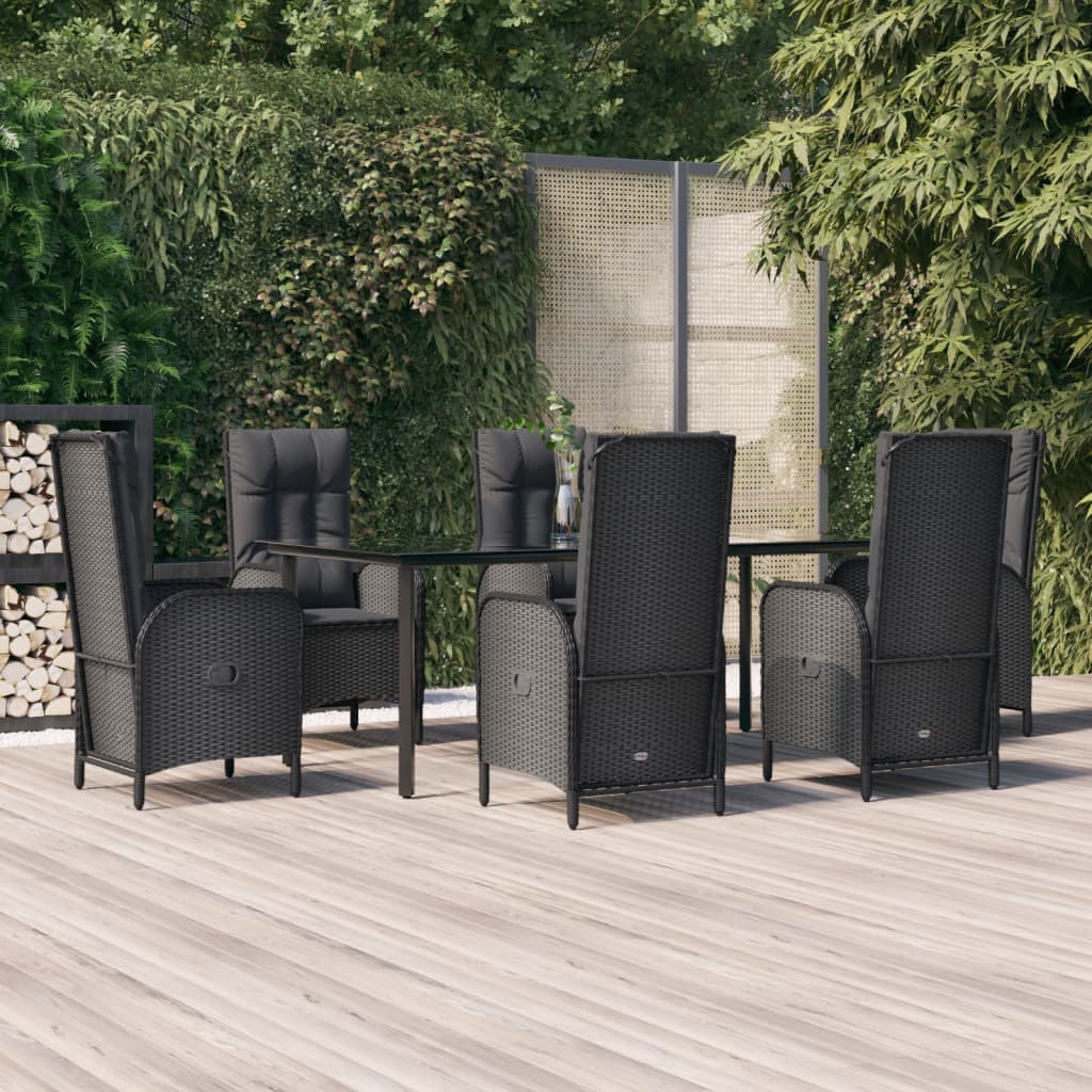 7 Pcs conjunto de jantar p/ jardim c/ almofadões vime PE preto