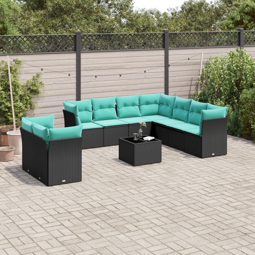 Conjunto de sofá de jardim com 10 peças e almofadas em rattan sintético preto