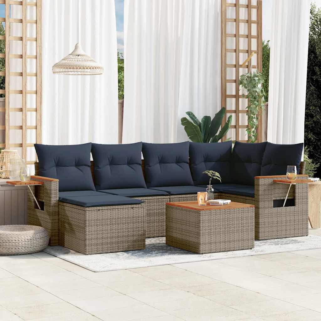 7 Pcs conjunto sofás p/ jardim c/ almofadões vime PE cinzento