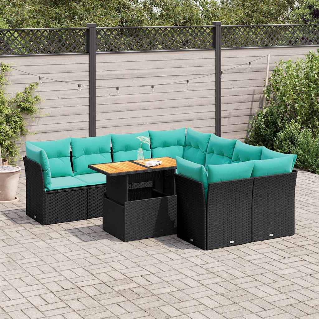 9 Pcs conjunto de sofás p/ jardim c/ almofadões vime PE preto