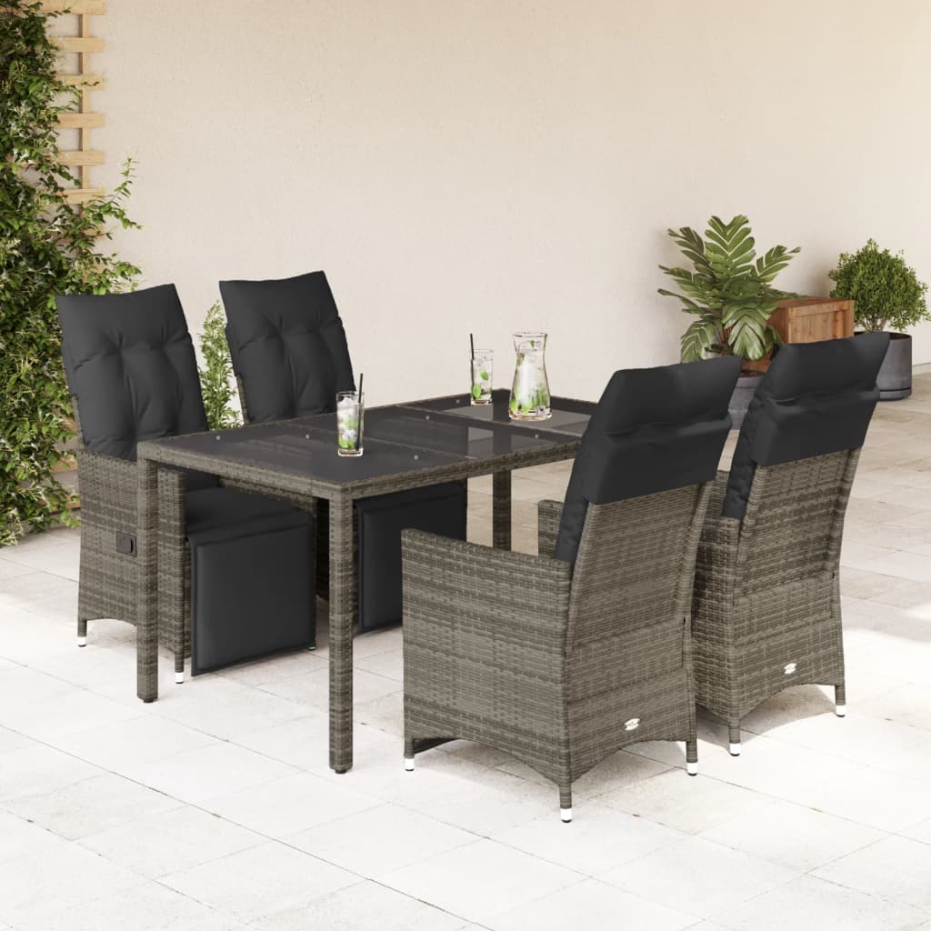 5 Pcs conjunto bistrô de jardim c/ almofadões vime PE cinza