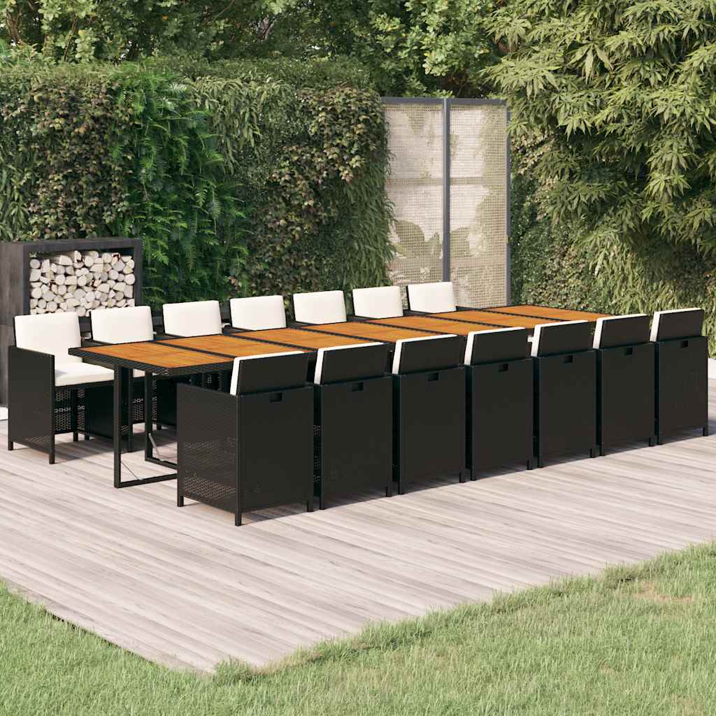 15 Pcs conjunto de jantar p/jardim com almofadões vime PE preto