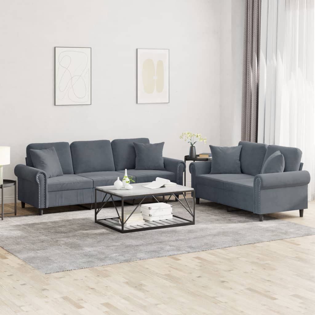 2 Pcs conjunto de sofás com almofadas veludo cinzento-escuro