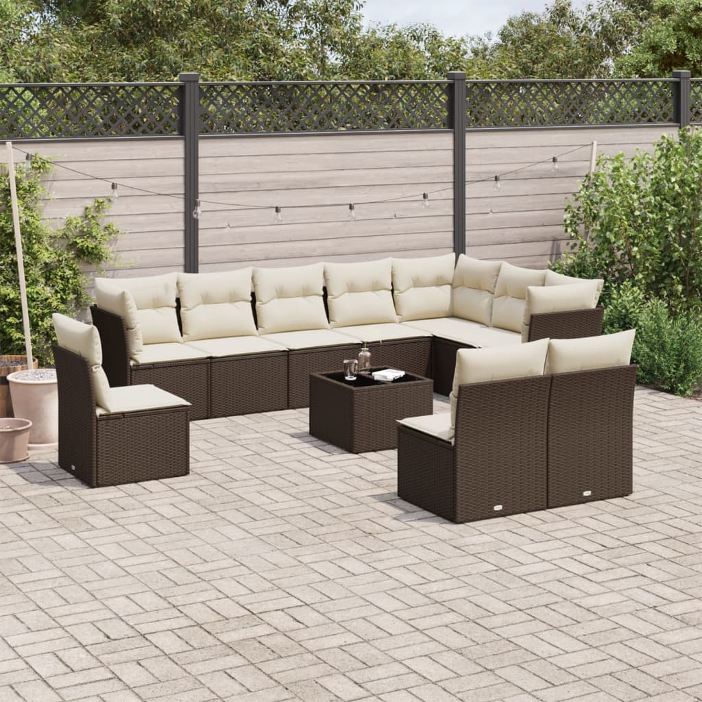 11 Pcs conjunto sofás de jardim c/ almofadões vime PE castanho