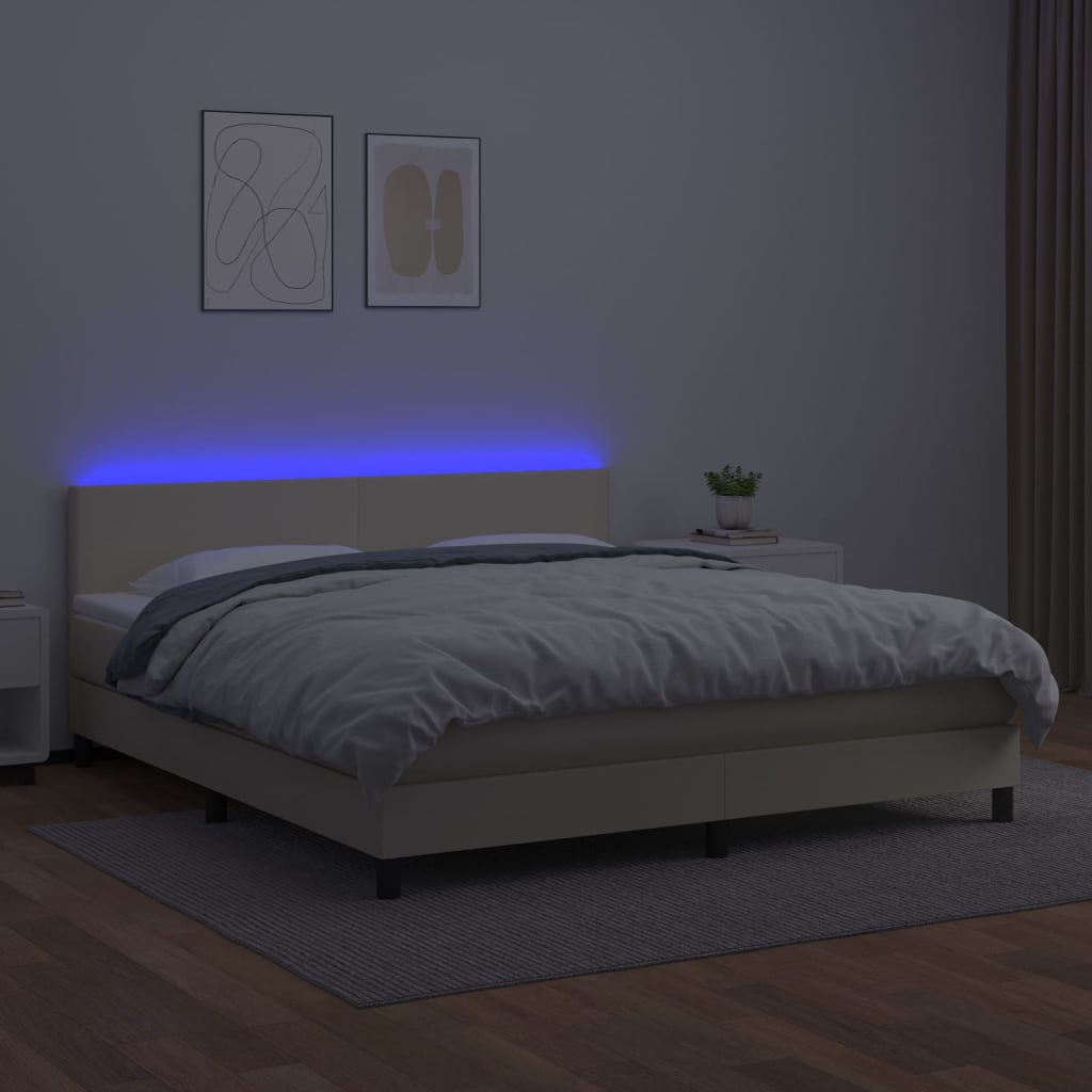 Cama box spring c/ colchão/LED 180x200cm couro artificial creme