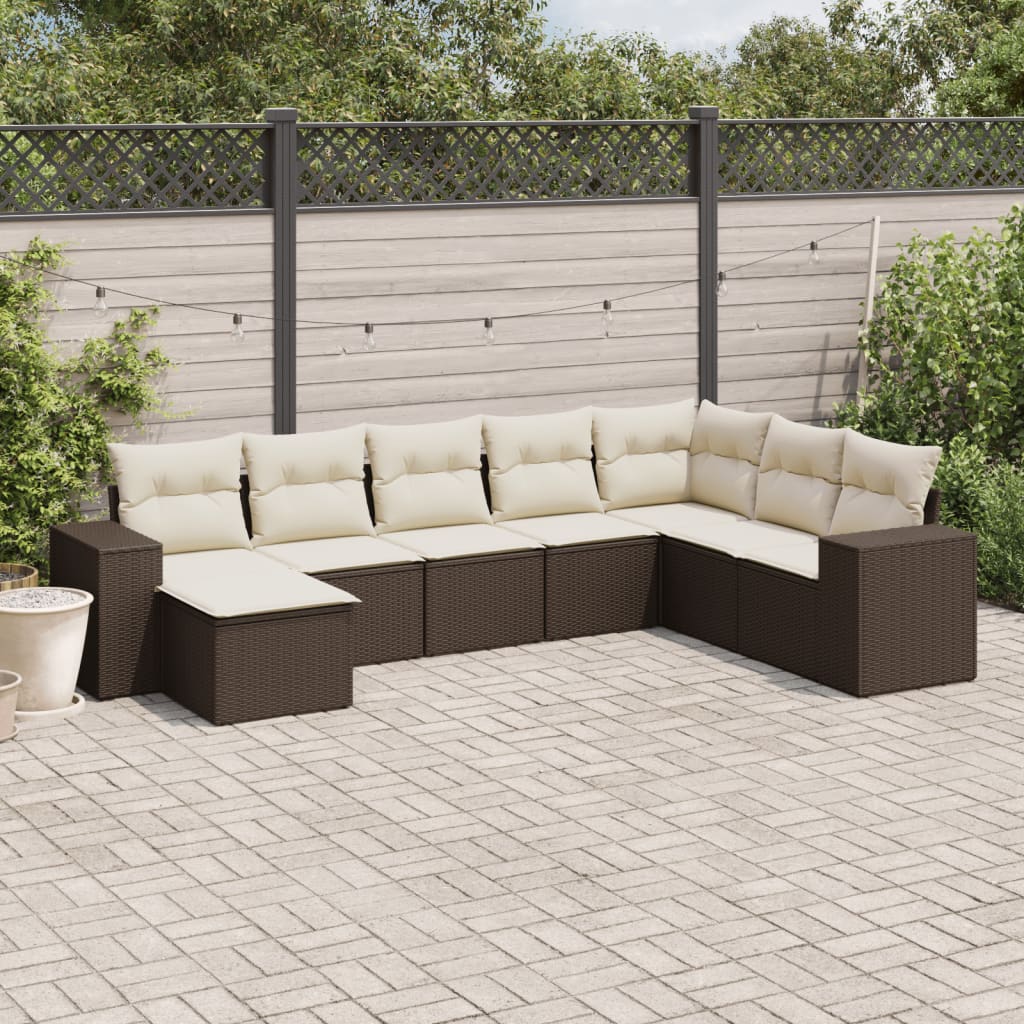 8 Pcs conjunto sofás de jardim c/ almofadões vime PE castanho