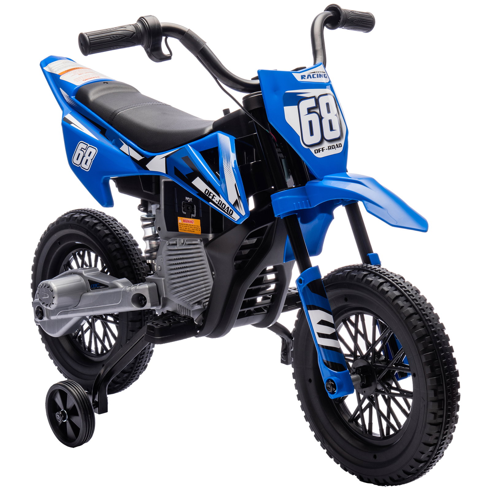 Mota elétrica infantil 12v com música, velocidade 2,4-5 km/h, rodas auxiliares, 107x56x70 cm, azul