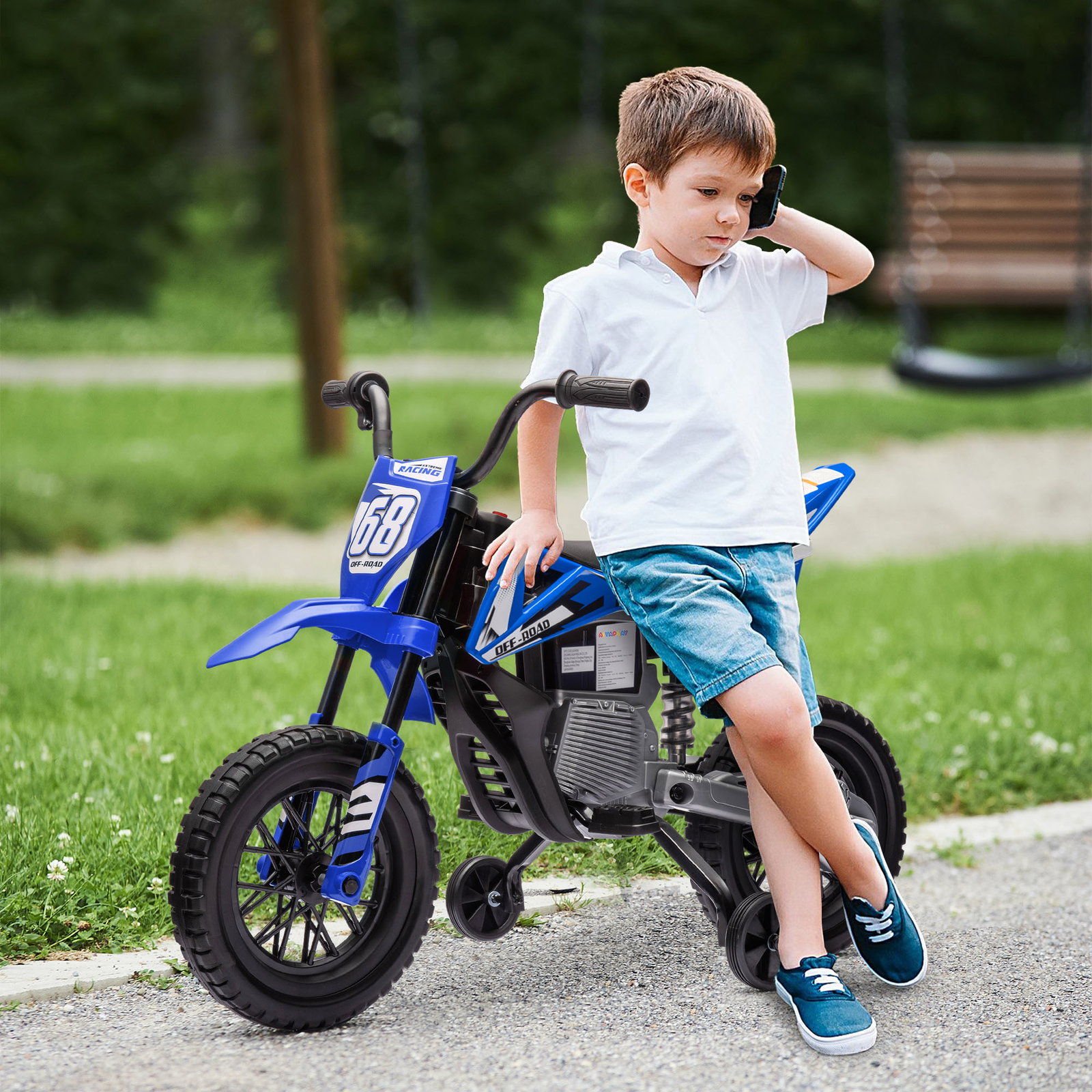 Mota elétrica infantil 12v com música, velocidade 2,4-5 km/h, rodas auxiliares, 107x56x70 cm, azul