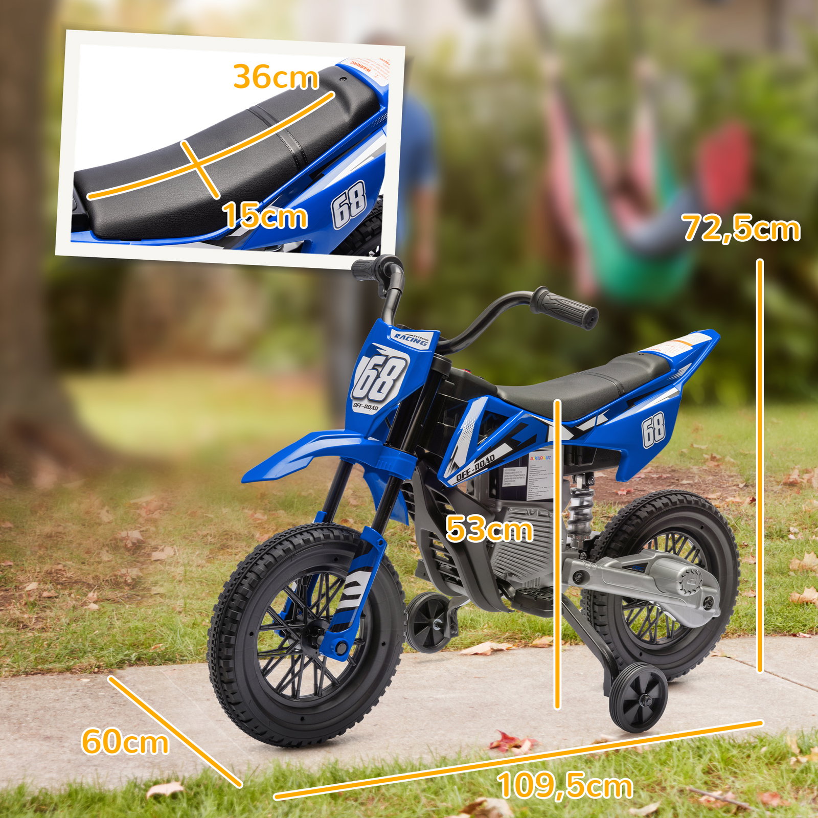 Mota elétrica infantil 12v com música, velocidade 2,4-5 km/h, rodas auxiliares, 107x56x70 cm, azul