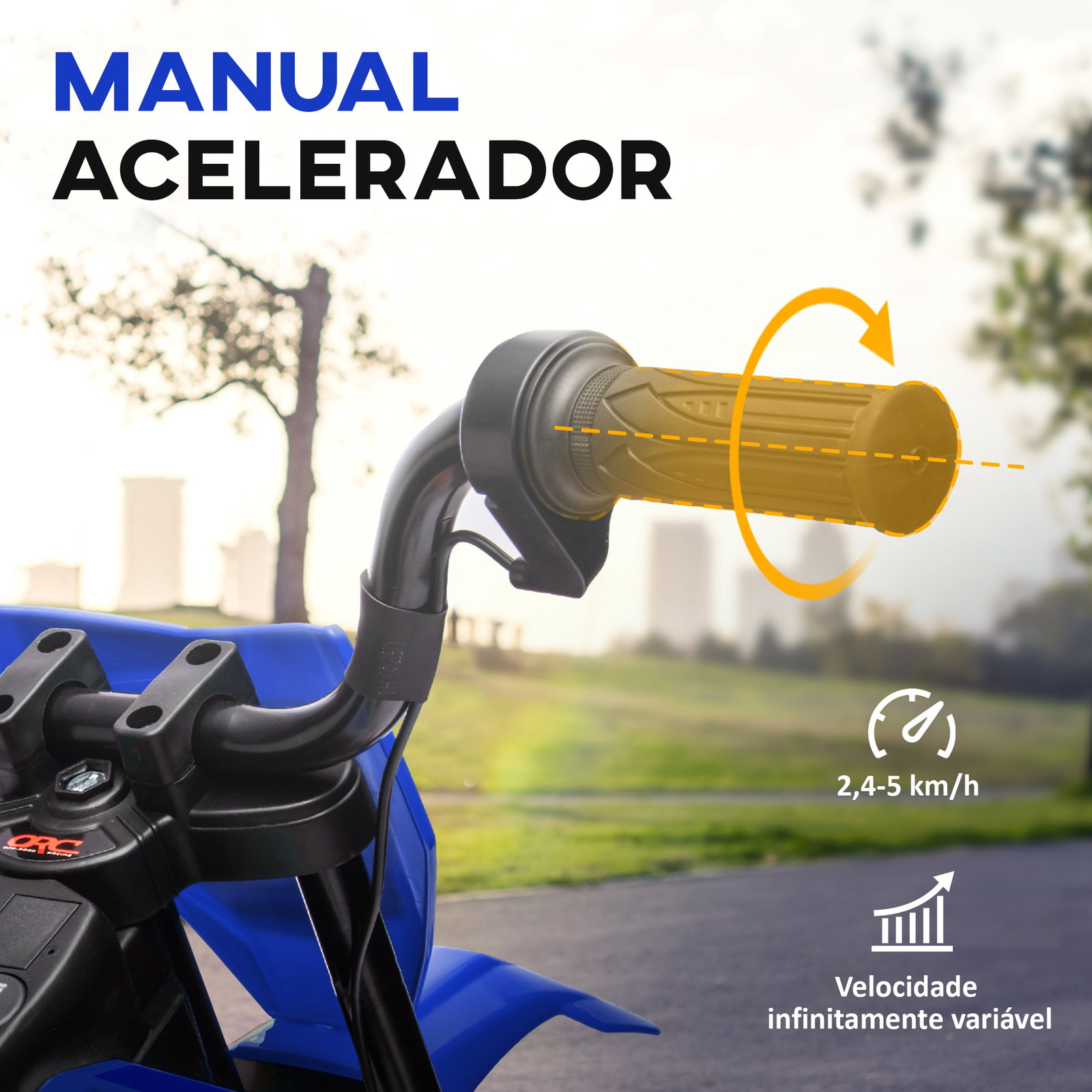 Mota elétrica infantil 12v com música, velocidade 2,4-5 km/h, rodas auxiliares, 107x56x70 cm, azul