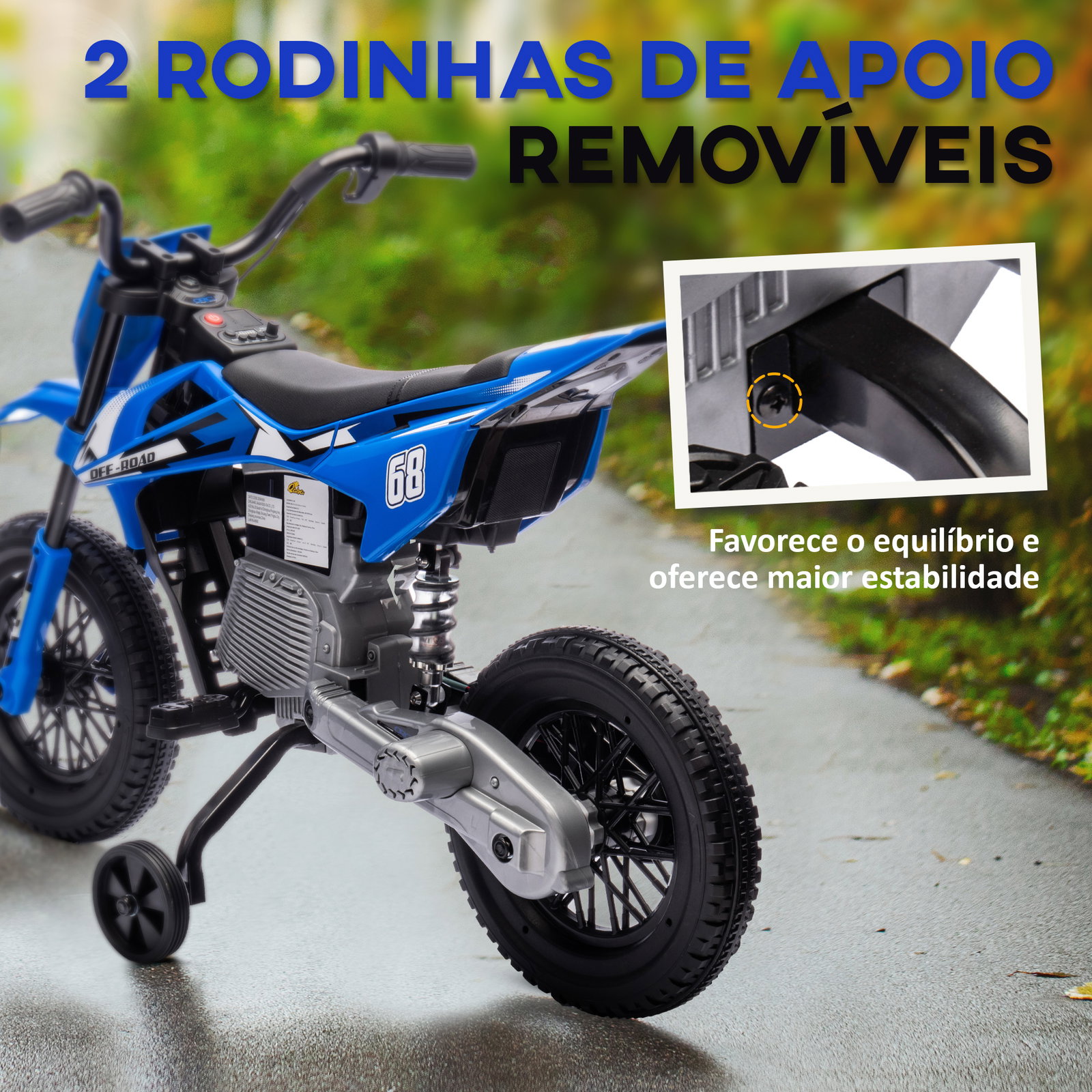 Mota elétrica infantil 12v com música, velocidade 2,4-5 km/h, rodas auxiliares, 107x56x70 cm, azul