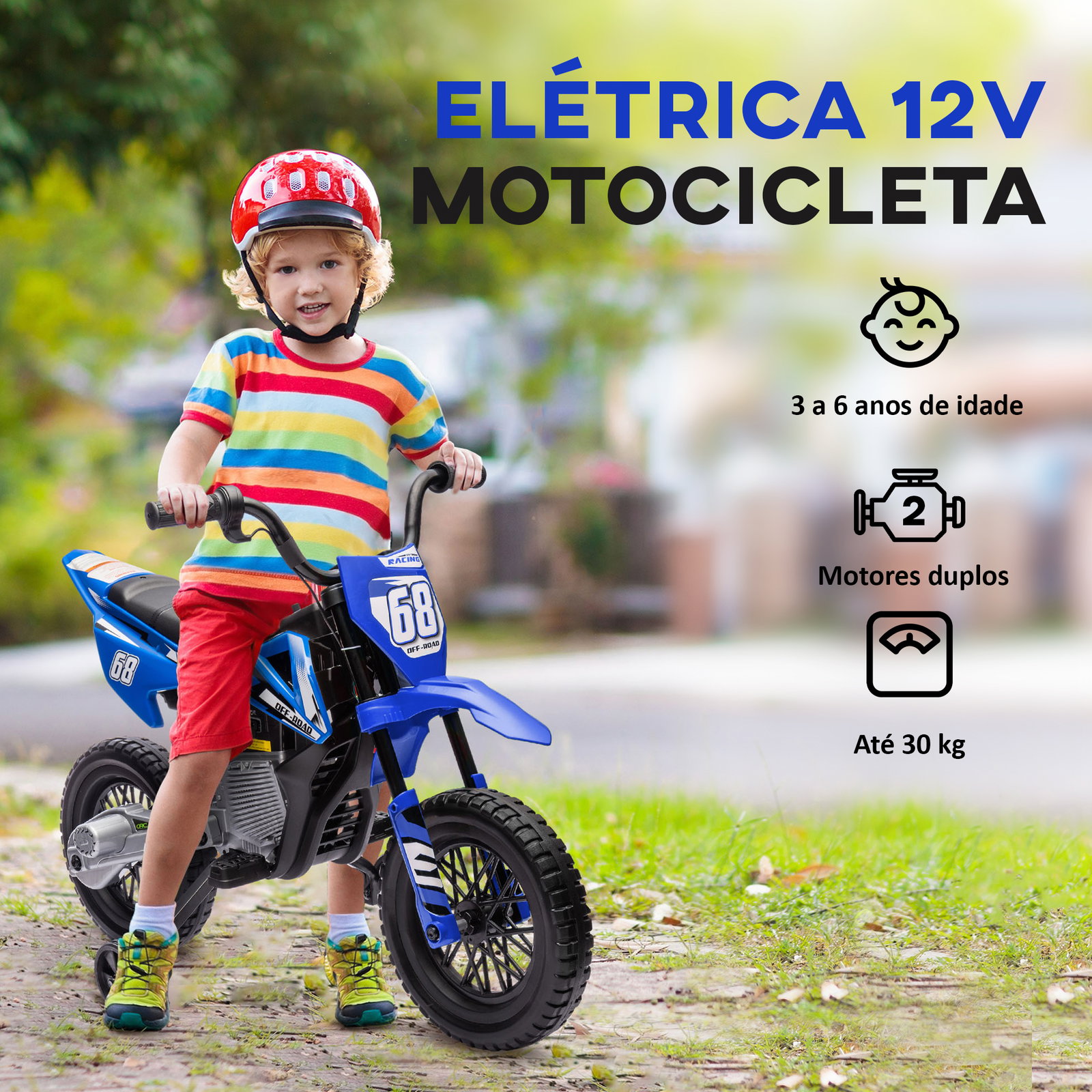 Mota elétrica infantil 12v com música, velocidade 2,4-5 km/h, rodas auxiliares, 107x56x70 cm, azul