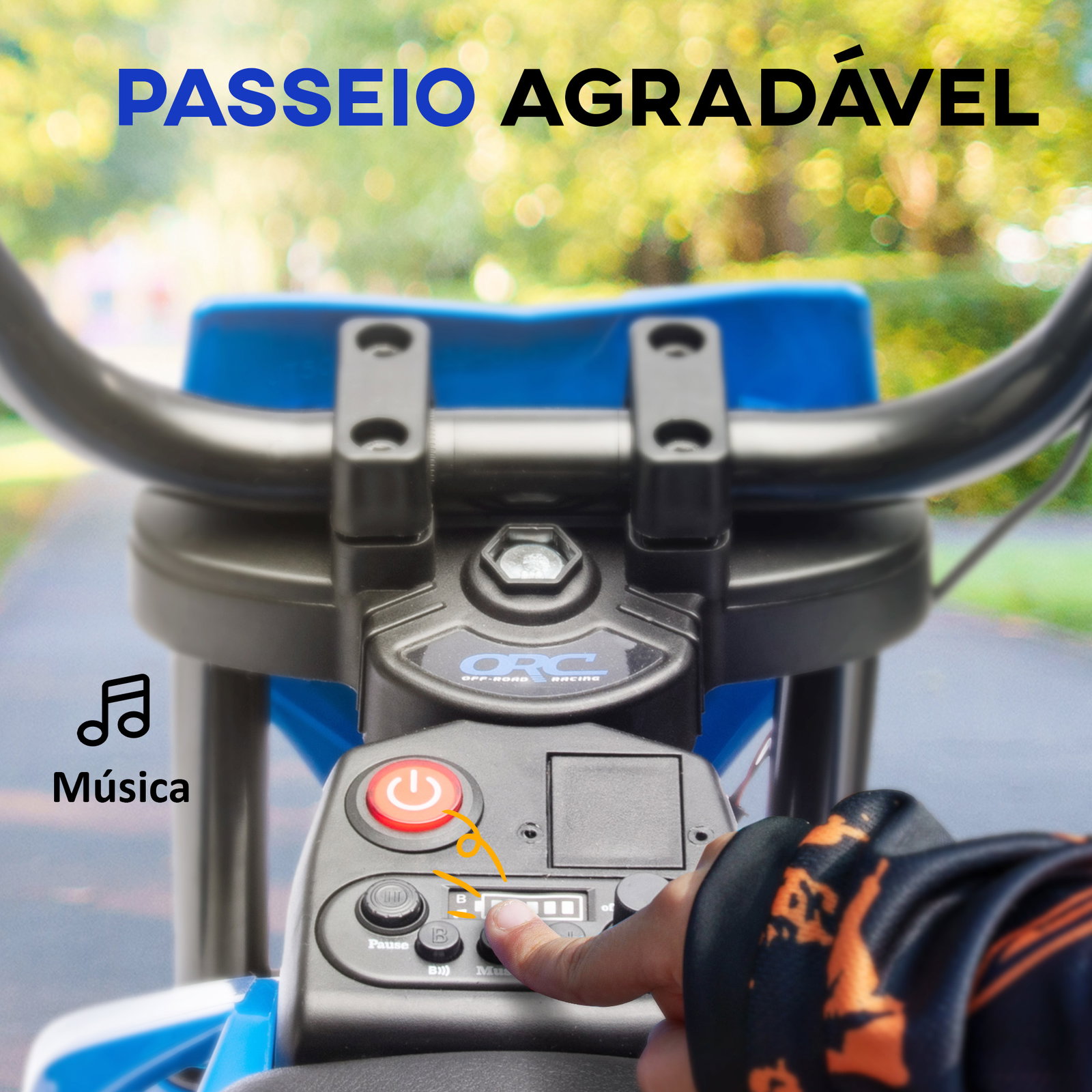 Mota elétrica infantil 12v com música, velocidade 2,4-5 km/h, rodas auxiliares, 107x56x70 cm, azul