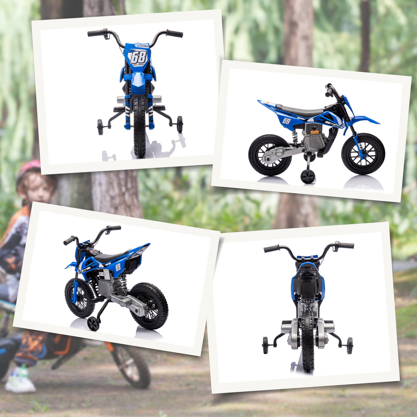 Mota elétrica infantil 12v com música, velocidade 2,4-5 km/h, rodas auxiliares, 107x56x70 cm, azul