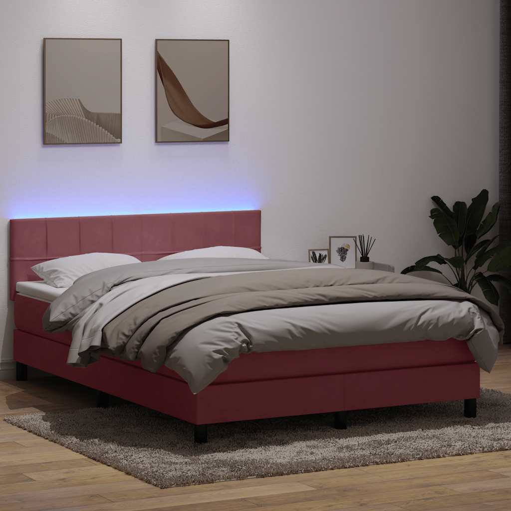 Cama box spring c/ colchão e LED 140x220 cm veludo rosa