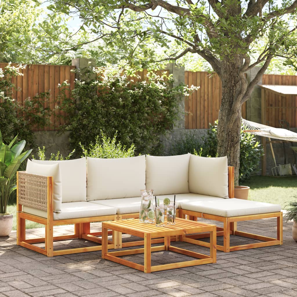 Conjunto de sofás de jardim de 5 peças com almofadas de madeira de acácia e vime