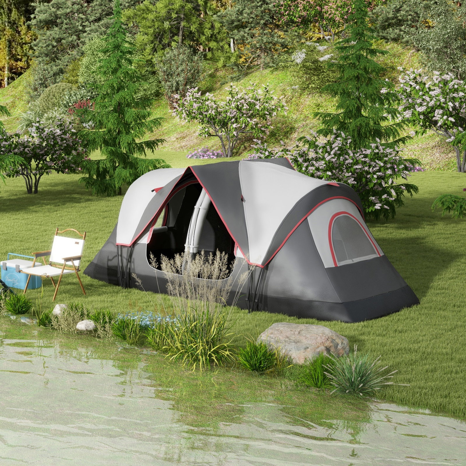 Tenda de campismo familiar para 5-6 pessoas dobrável com 2 quartos e bolsa de transporte impermeável 450x215x180 cm cinza