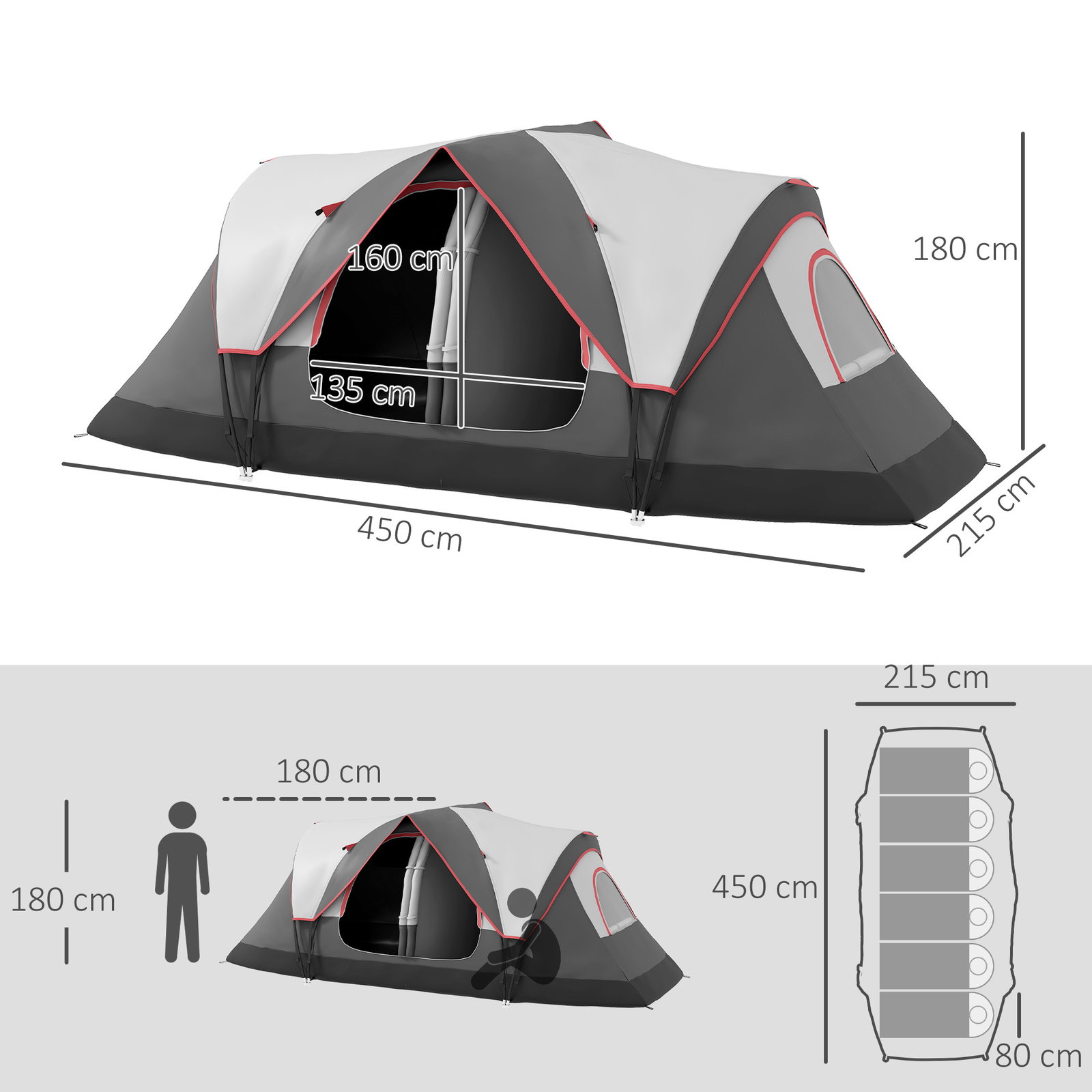 Tenda de campismo familiar para 5-6 pessoas dobrável com 2 quartos e bolsa de transporte impermeável 450x215x180 cm cinza