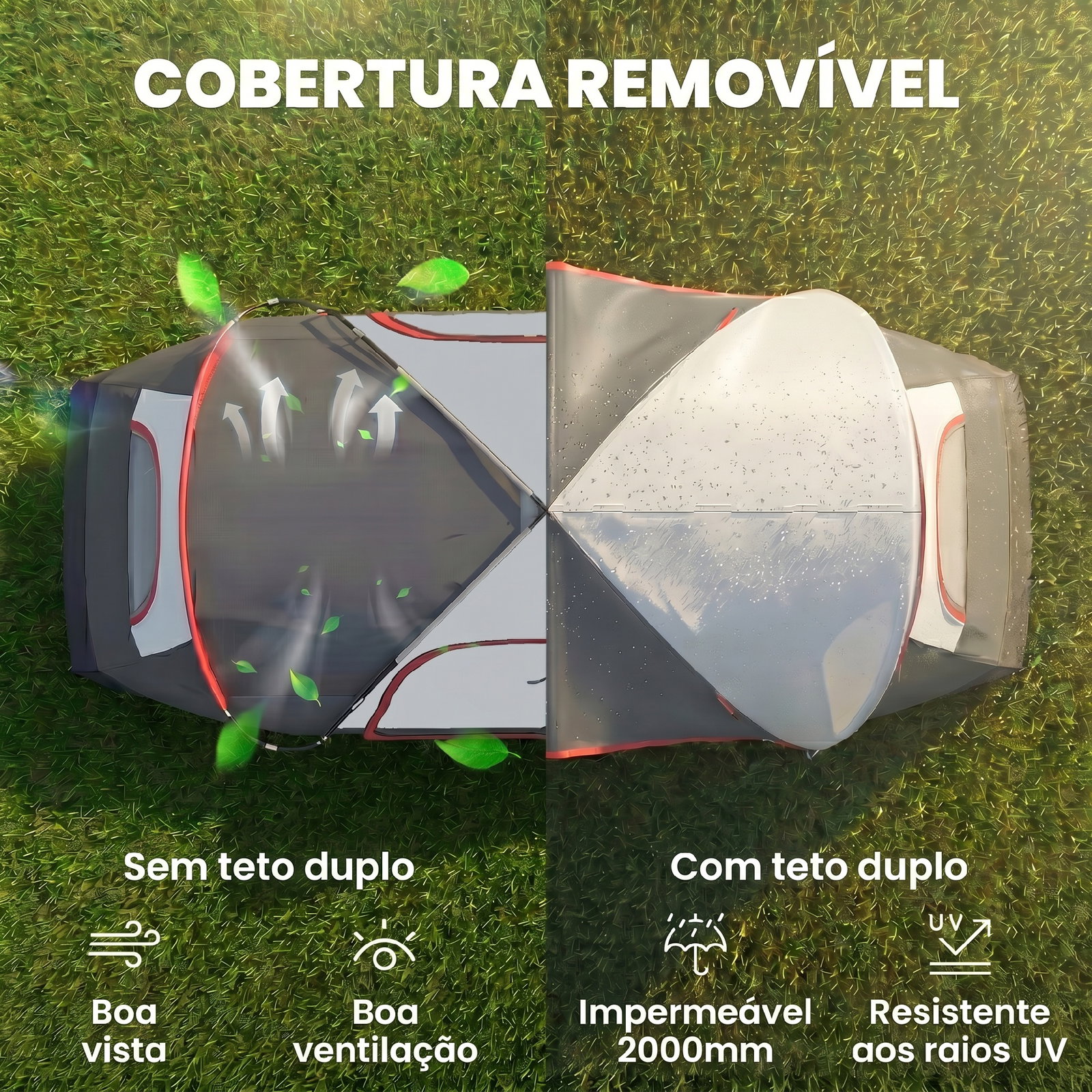 Tenda de campismo familiar para 5-6 pessoas dobrável com 2 quartos e bolsa de transporte impermeável 450x215x180 cm cinza
