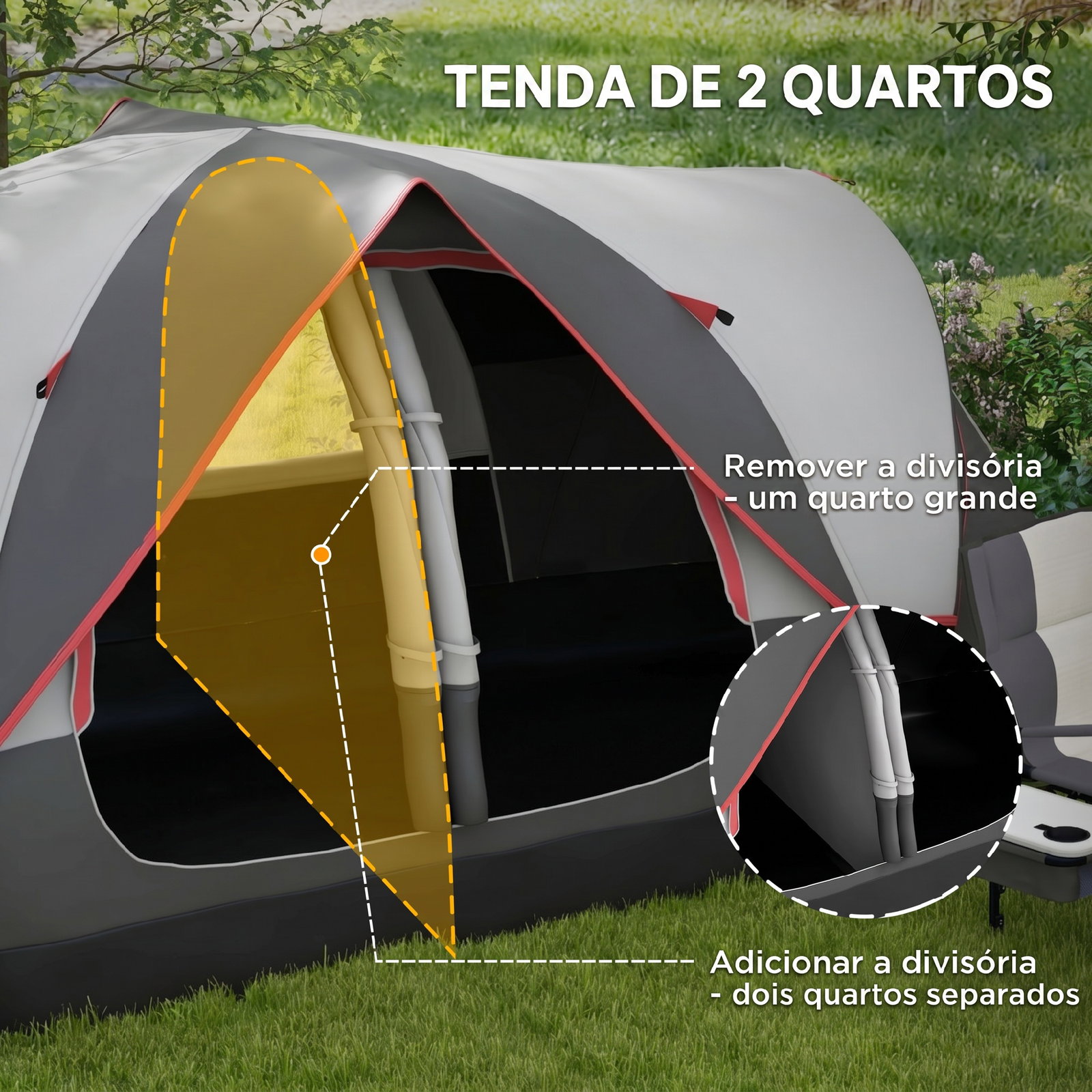 Tenda de campismo familiar para 5-6 pessoas dobrável com 2 quartos e bolsa de transporte impermeável 450x215x180 cm cinza
