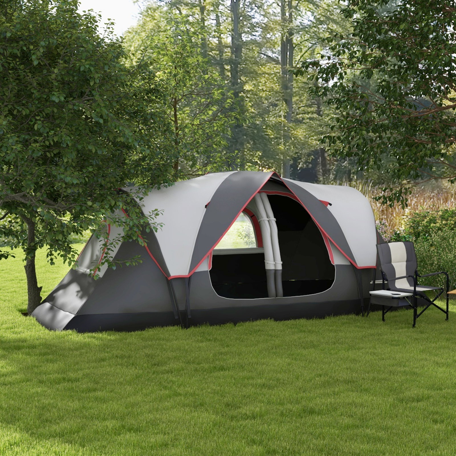 Tenda de campismo familiar para 5-6 pessoas dobrável com 2 quartos e bolsa de transporte impermeável 450x215x180 cm cinza