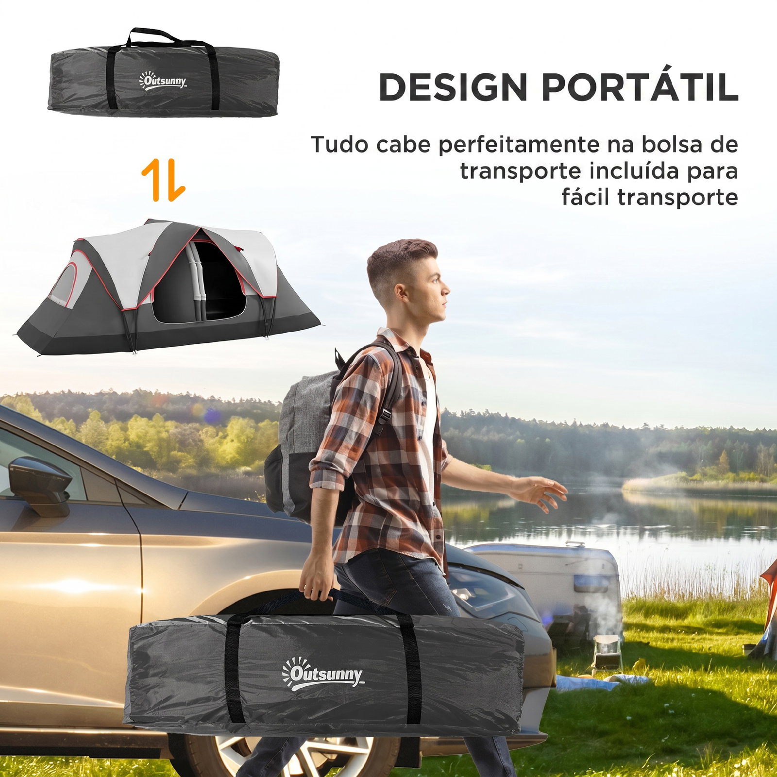 Tenda de campismo familiar para 5-6 pessoas dobrável com 2 quartos e bolsa de transporte impermeável 450x215x180 cm cinza