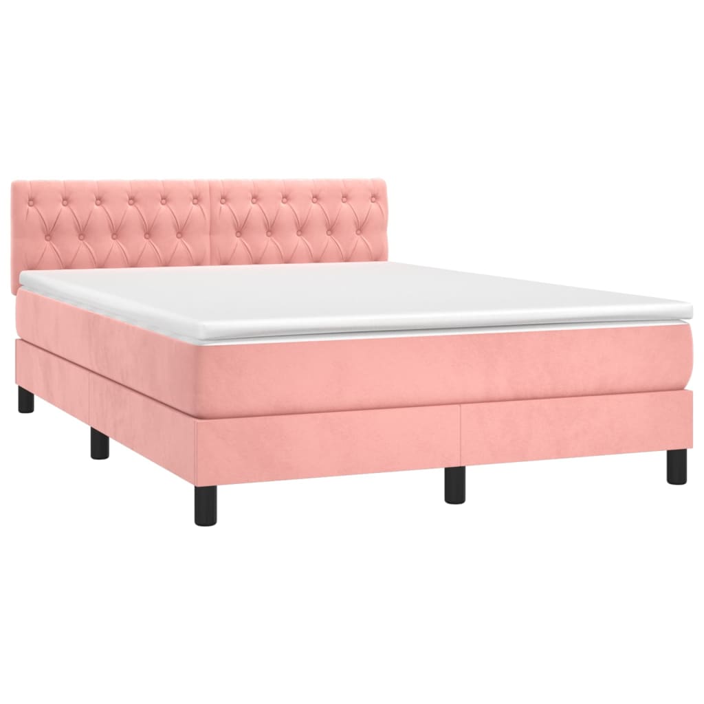 Cama box spring c/ colchão/LED 140x190 cm veludo rosa