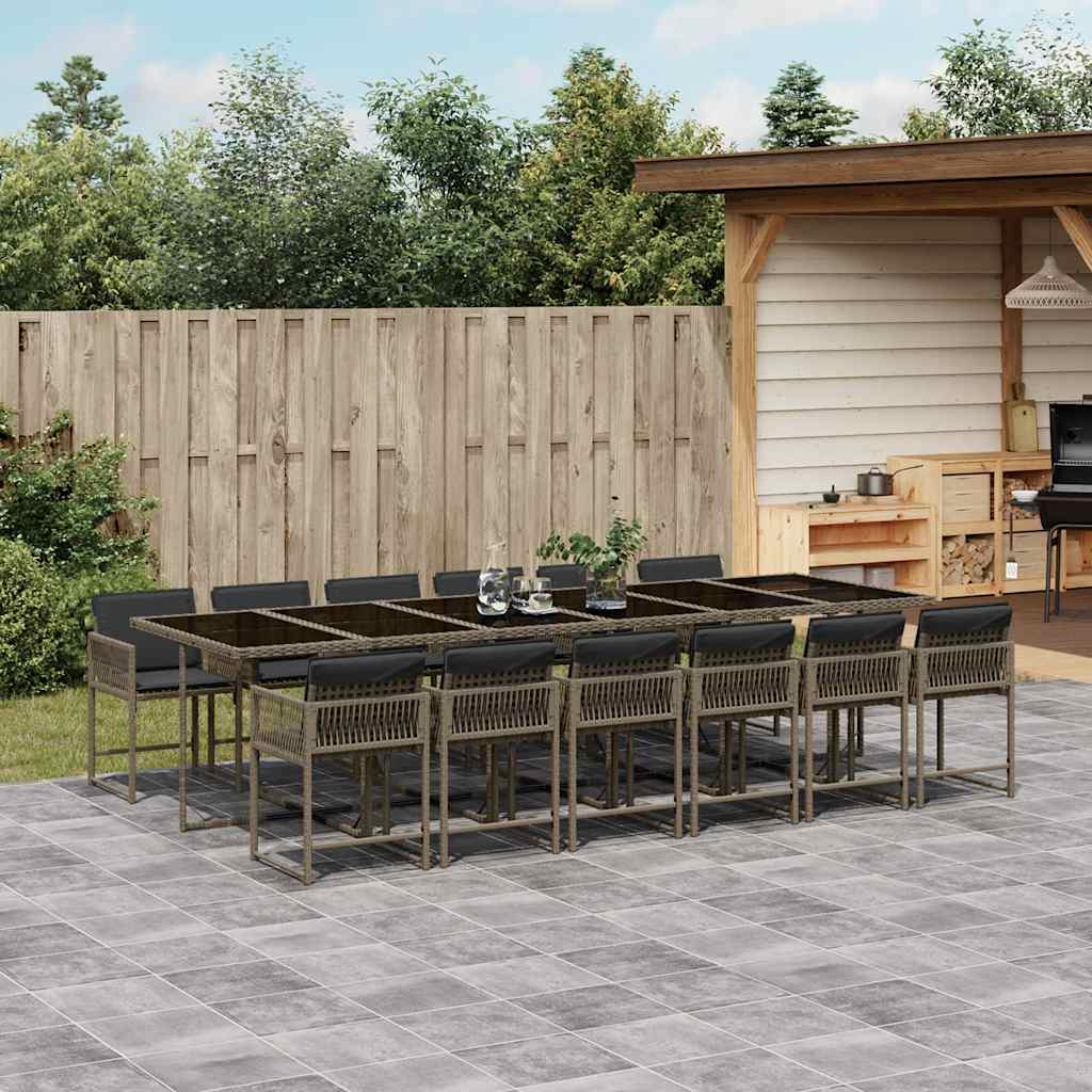 13 Pcs conjunto jantar p/ jardim c/ almofadões vime PE cinzento