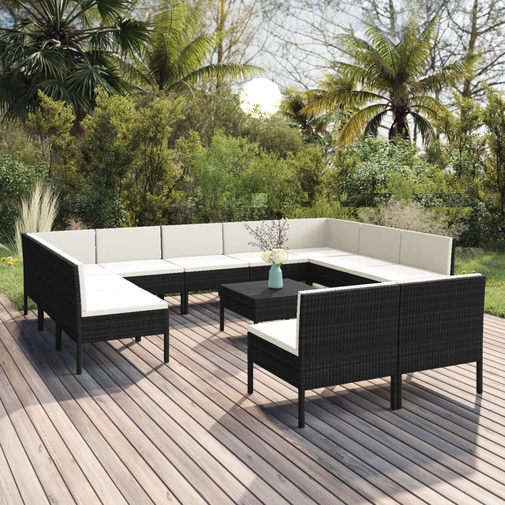 12 Pcs conjunto lounge de jardim c/ almofadões vime PE preto