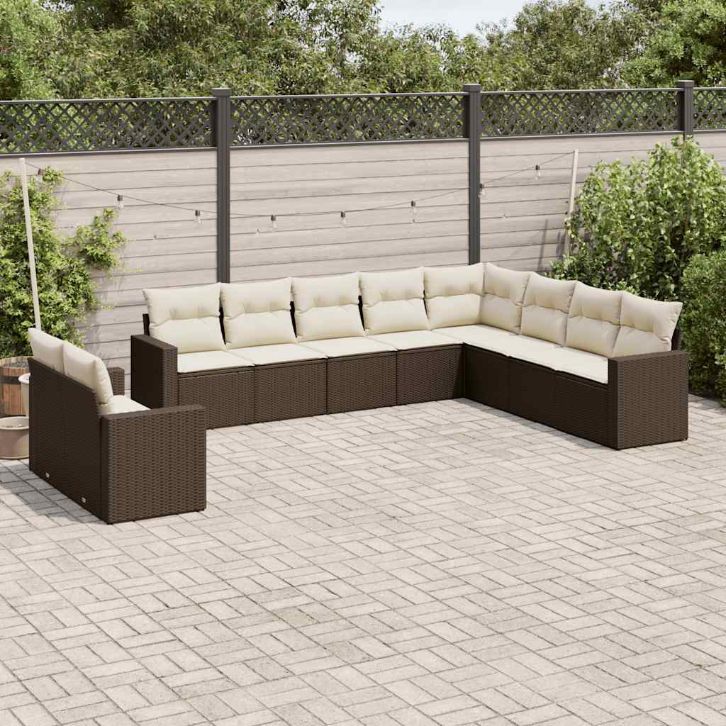 10 Pcs conj. sofás jardim com almofadões vime PE castanho