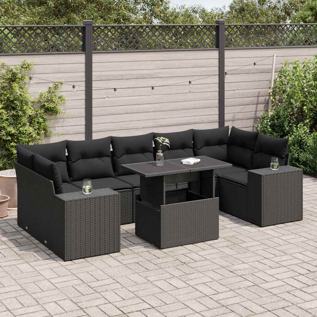 8 Pcs conjunto sofás de jardim com almofadões vime PE preto
