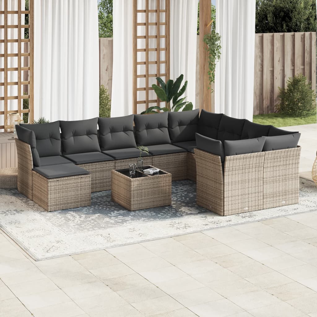 11 Pcs conjunto sofás de jardim c/ almofadões vime PE cinzento