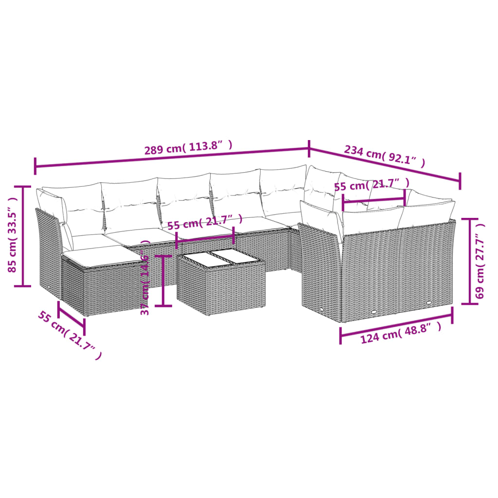 11 Pcs conjunto sofás de jardim c/ almofadões vime PE cinzento