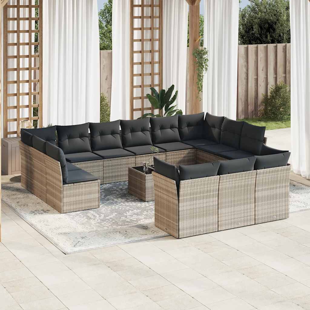14 Pcs conj. sofás jardim com almofadões vime PE cinzento-claro