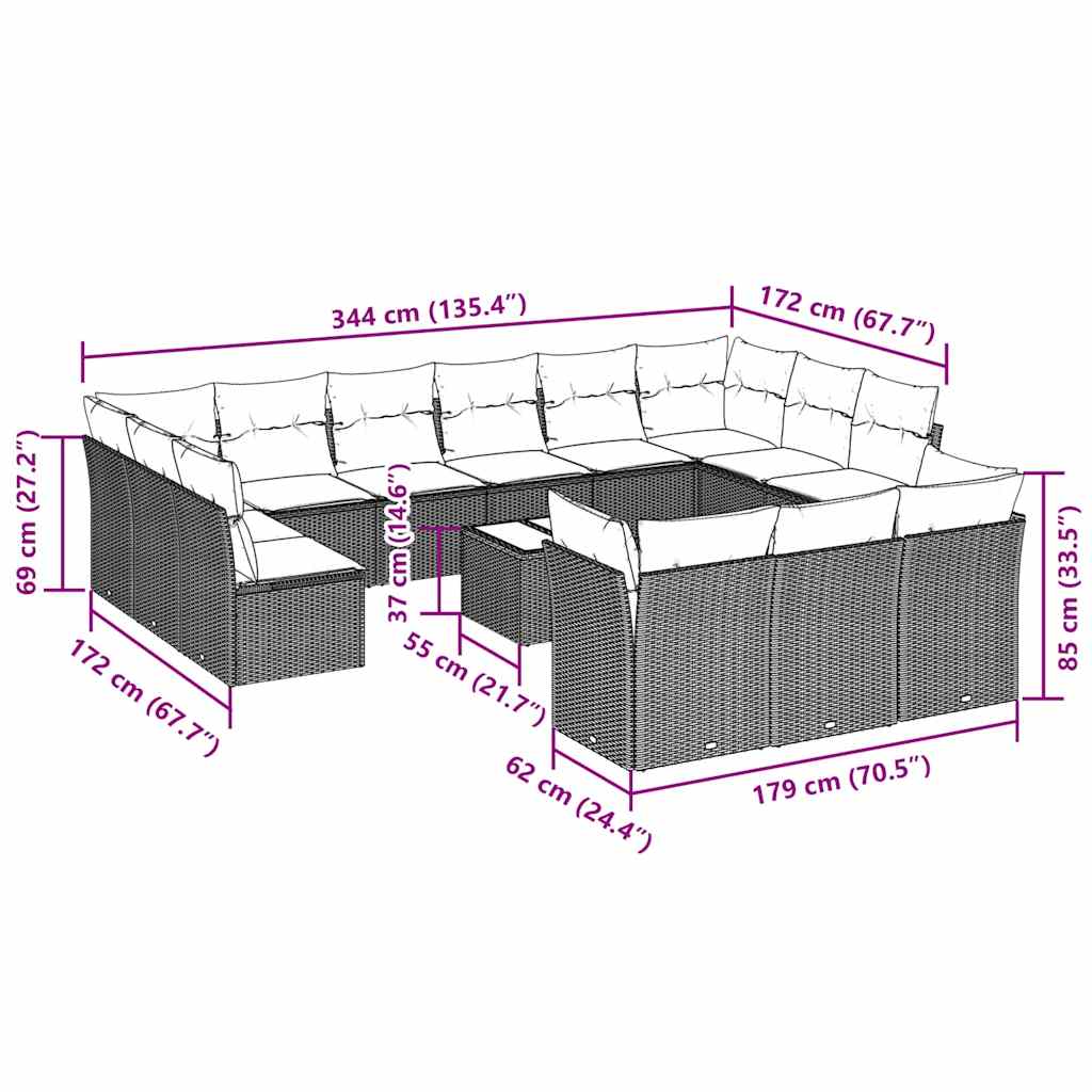 14 Pcs conj. sofás jardim com almofadões vime PE cinzento-claro