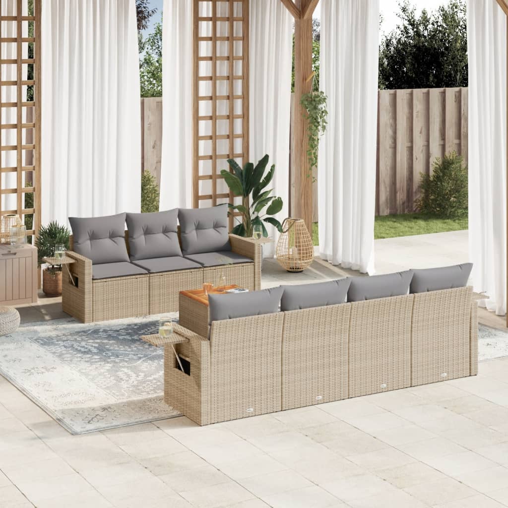 8 Pcs conjunto de sofás p/ jardim com almofadões vime PE bege
