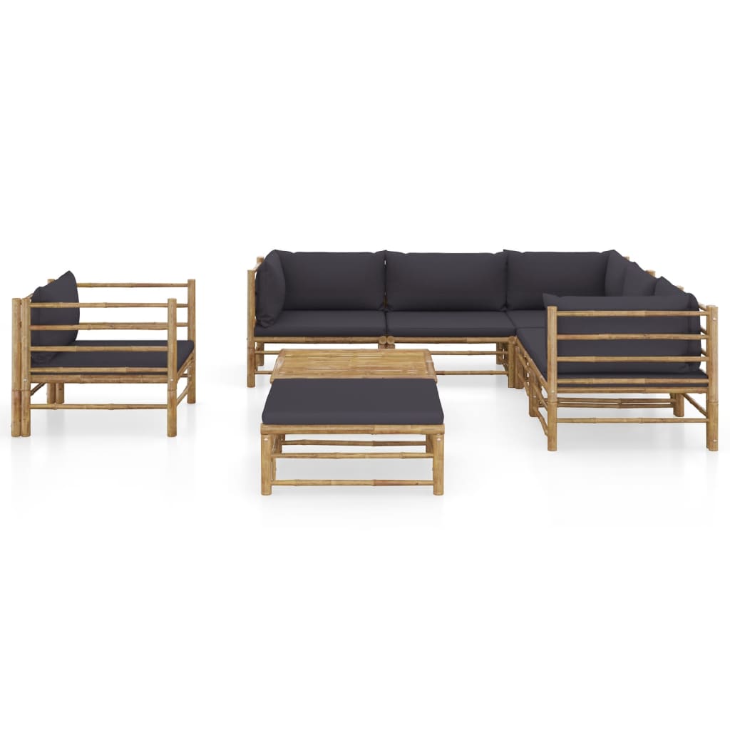 8 Pcs conj. lounge jardim em bambu c/ almofadões cinza-escuro