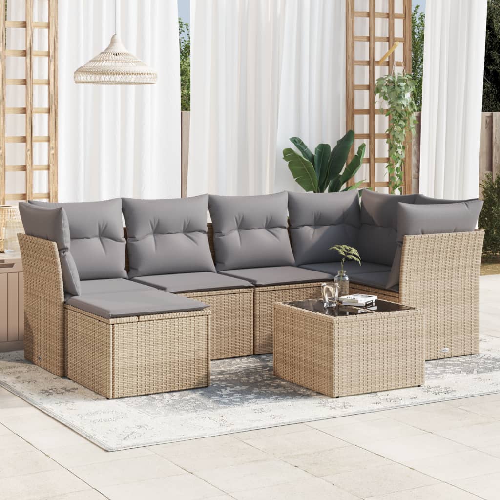 7 Pcs conjunto de sofás p/ jardim com almofadões vime PE bege