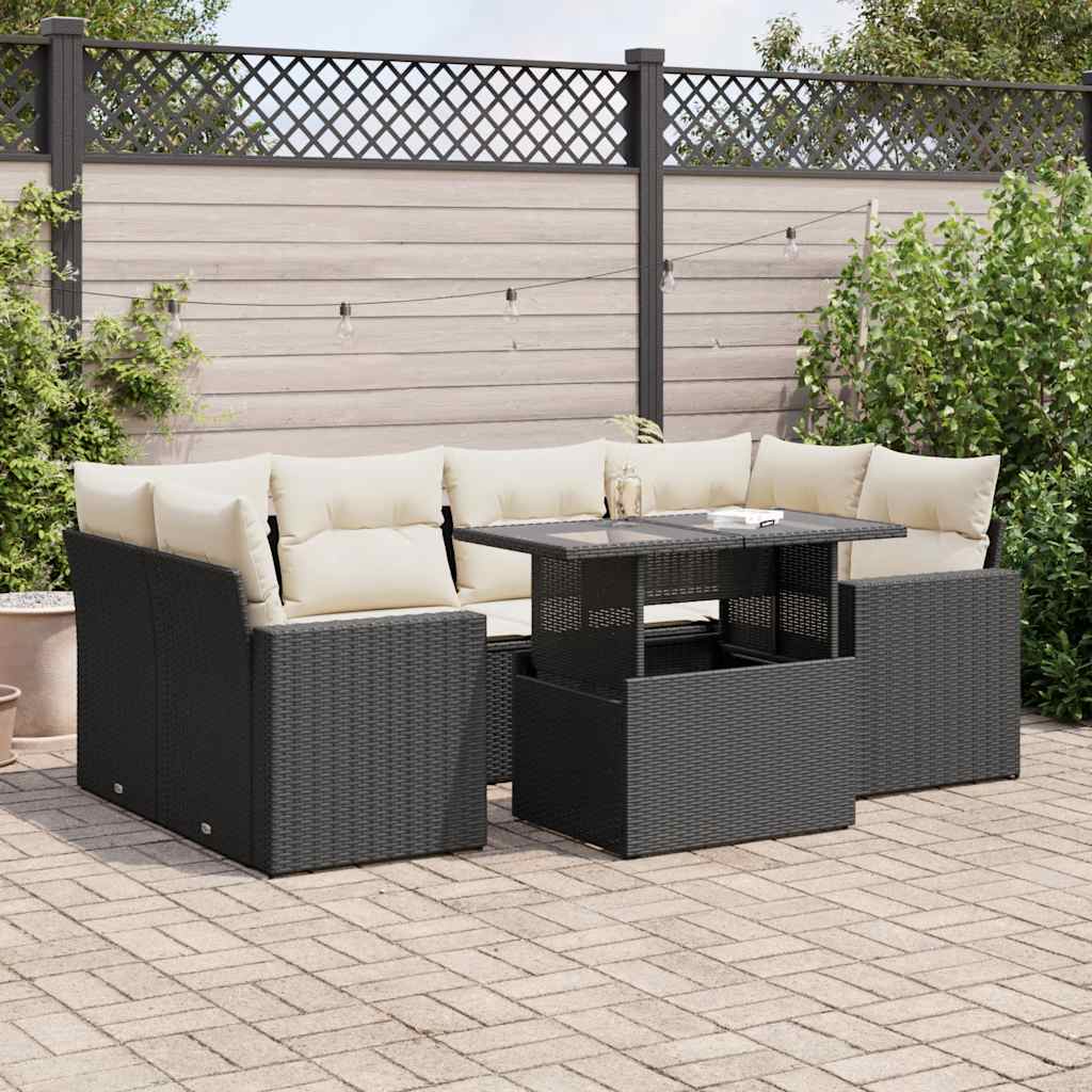 7 Pcs conjunto de sofás p/ jardim c/ almofadões vime PE preto
